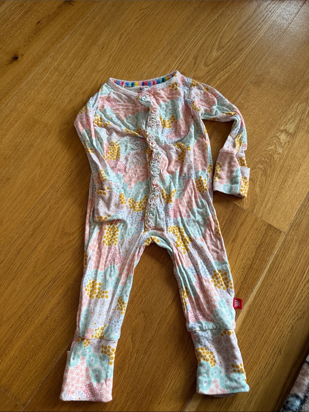 Magnetic Me Pink, Yellow & Mint Floral Ruffle-Front One-Piece Footie